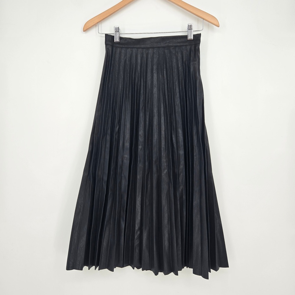 NWT $119 Gracia Womens S Black Pleated Faux Leather Midi Skirt Sexy Classy Lined